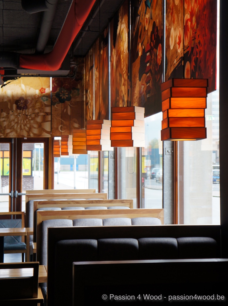 Shabu Shabu Rotterdam hanging pendant book lamp above tables in sycamore wood